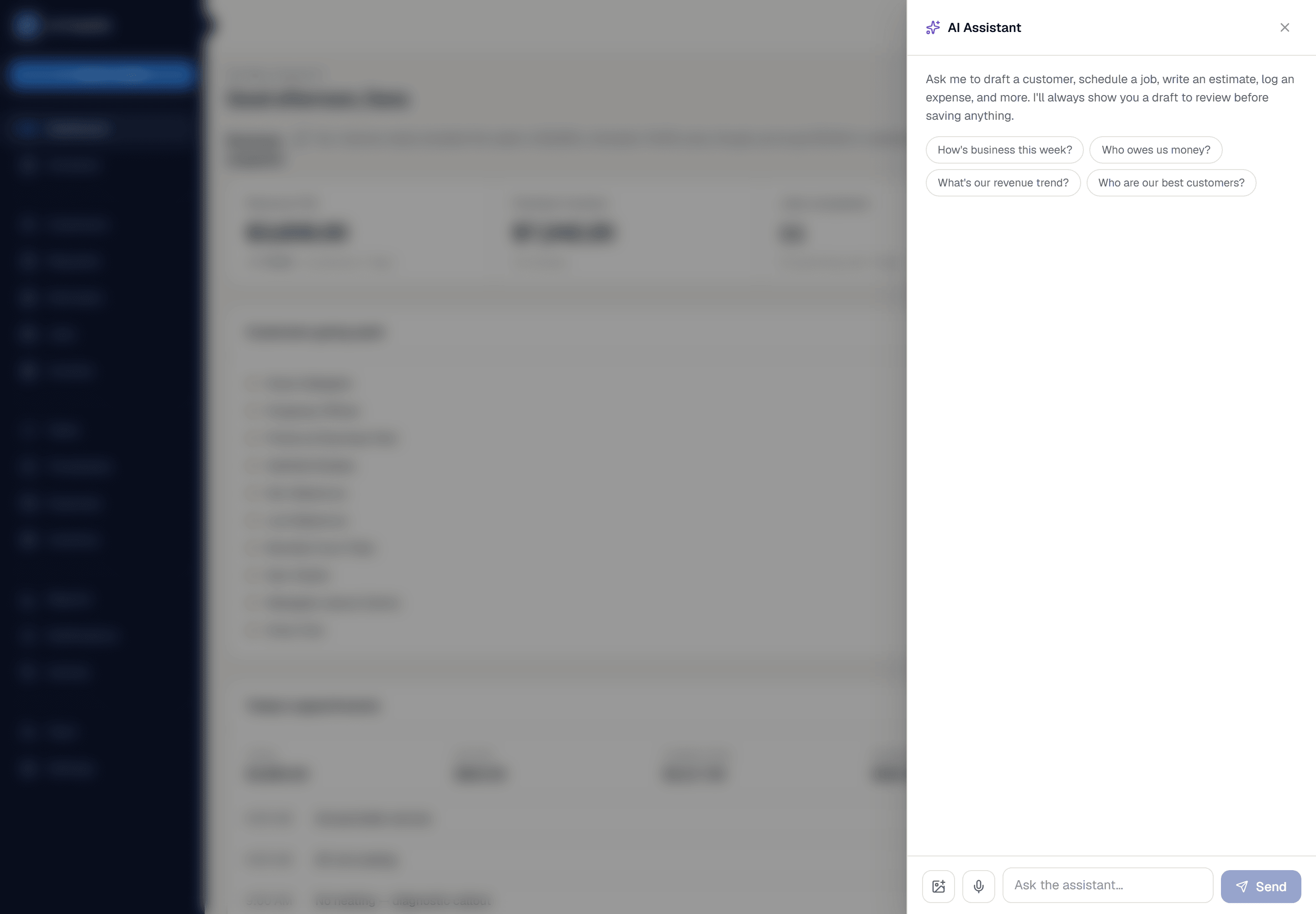 The AI assistant panel open beside the dashboard, offering starting questions like “How's business this week?” and “Who owes us money?”, with a note that it always shows a draft to review before saving.