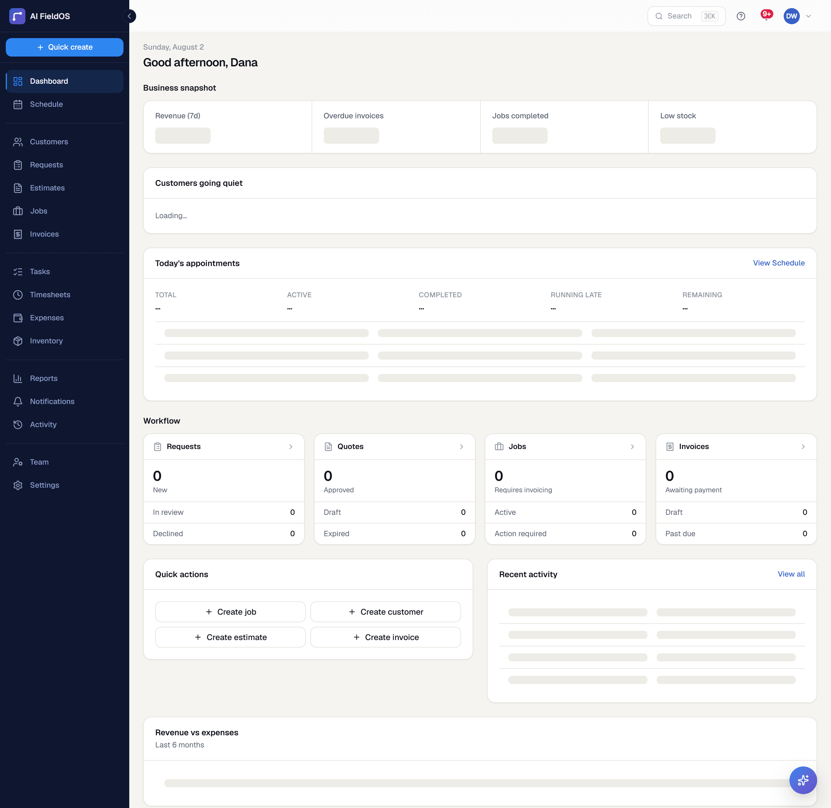 The Gruvik dashboard: revenue and overdue-invoice totals, a list of customers going quiet, and today's appointments with each technician and job status.