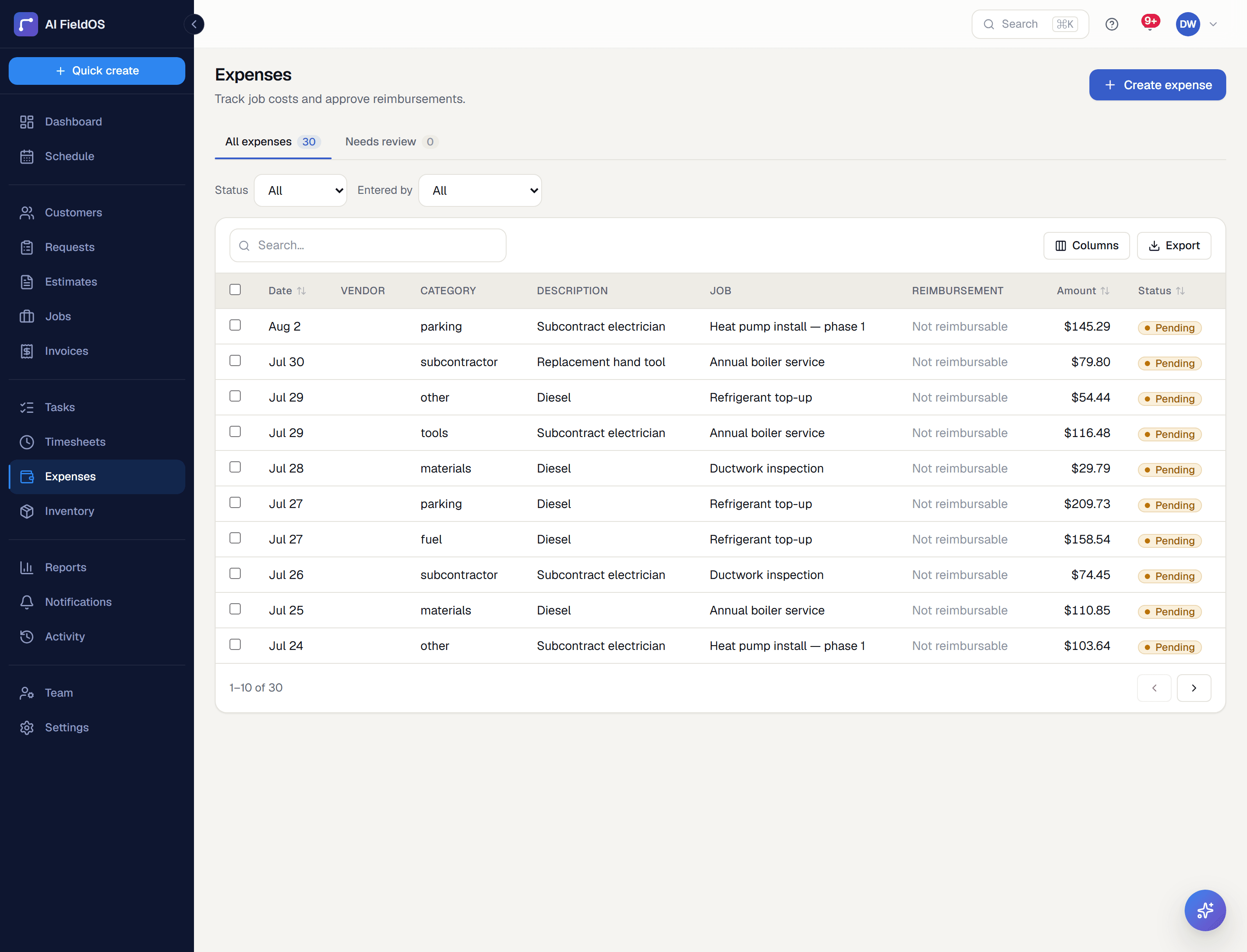 The expenses list, showing logged costs by category with reimbursable items and approval status.