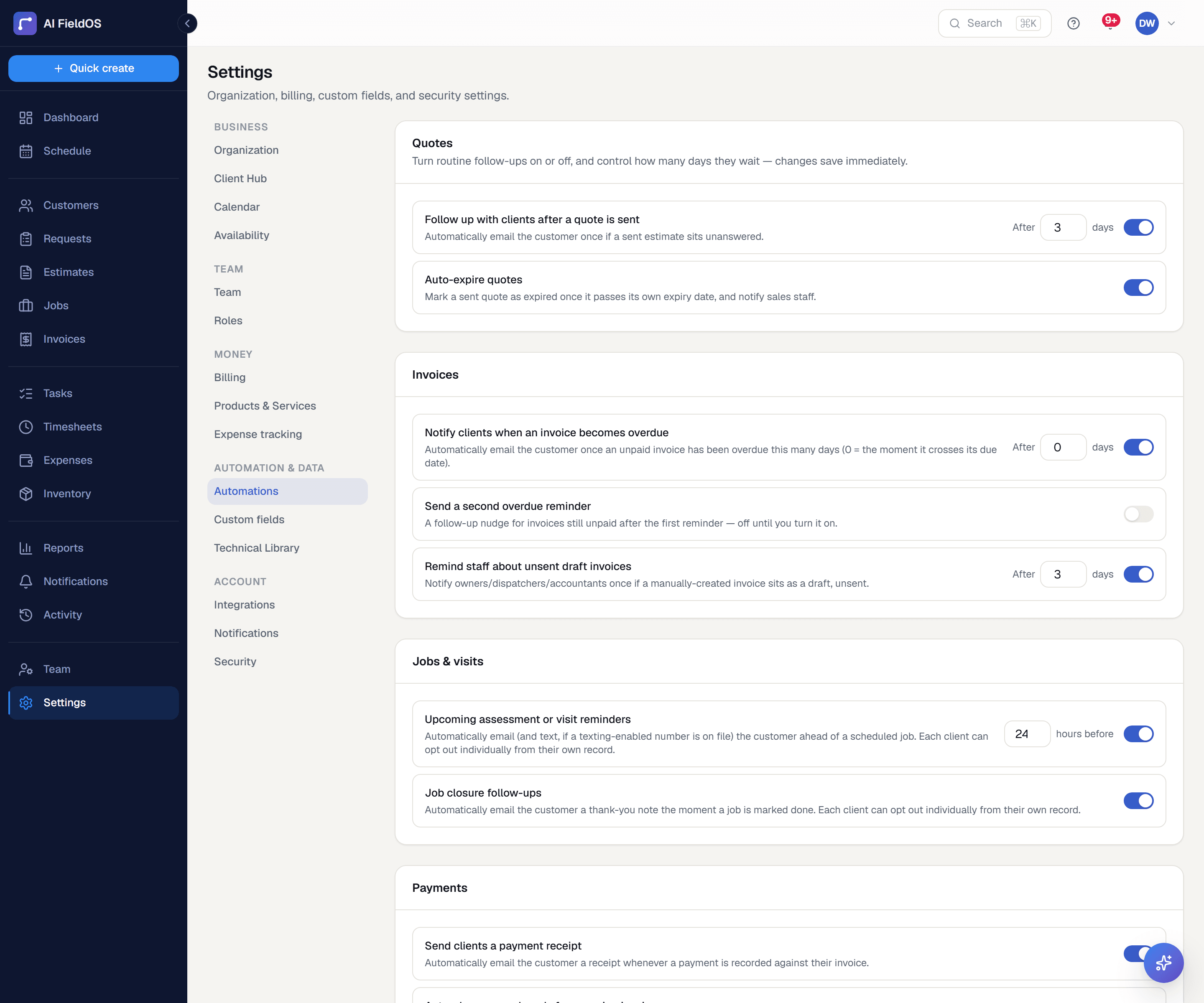 The automations settings: toggles for quote follow-ups, overdue-invoice reminders, visit reminders with a configurable lead time, job-closure thank-yous and payment receipts.