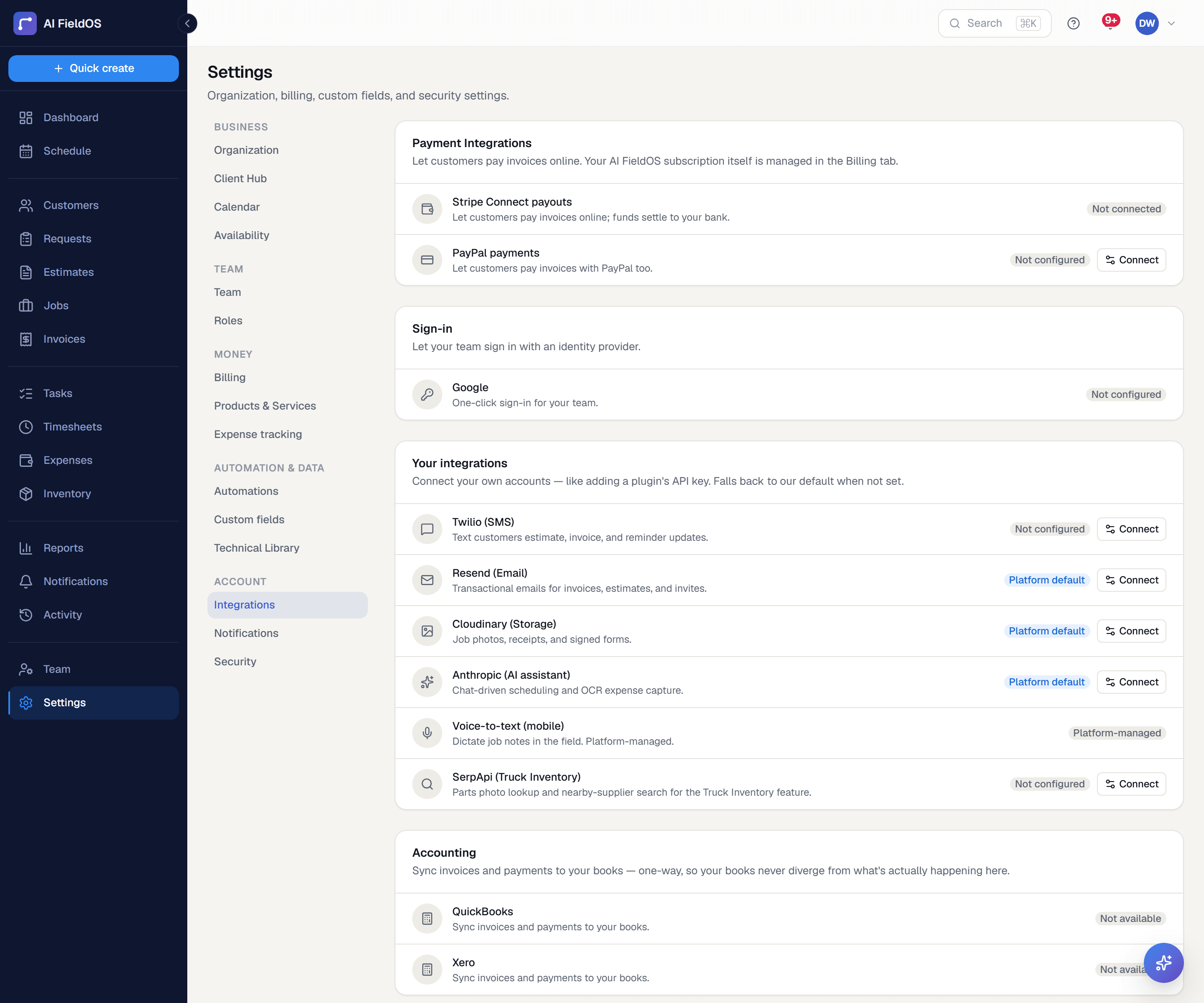 The integrations settings, where accounting, payment, messaging and search providers are connected with your own credentials.