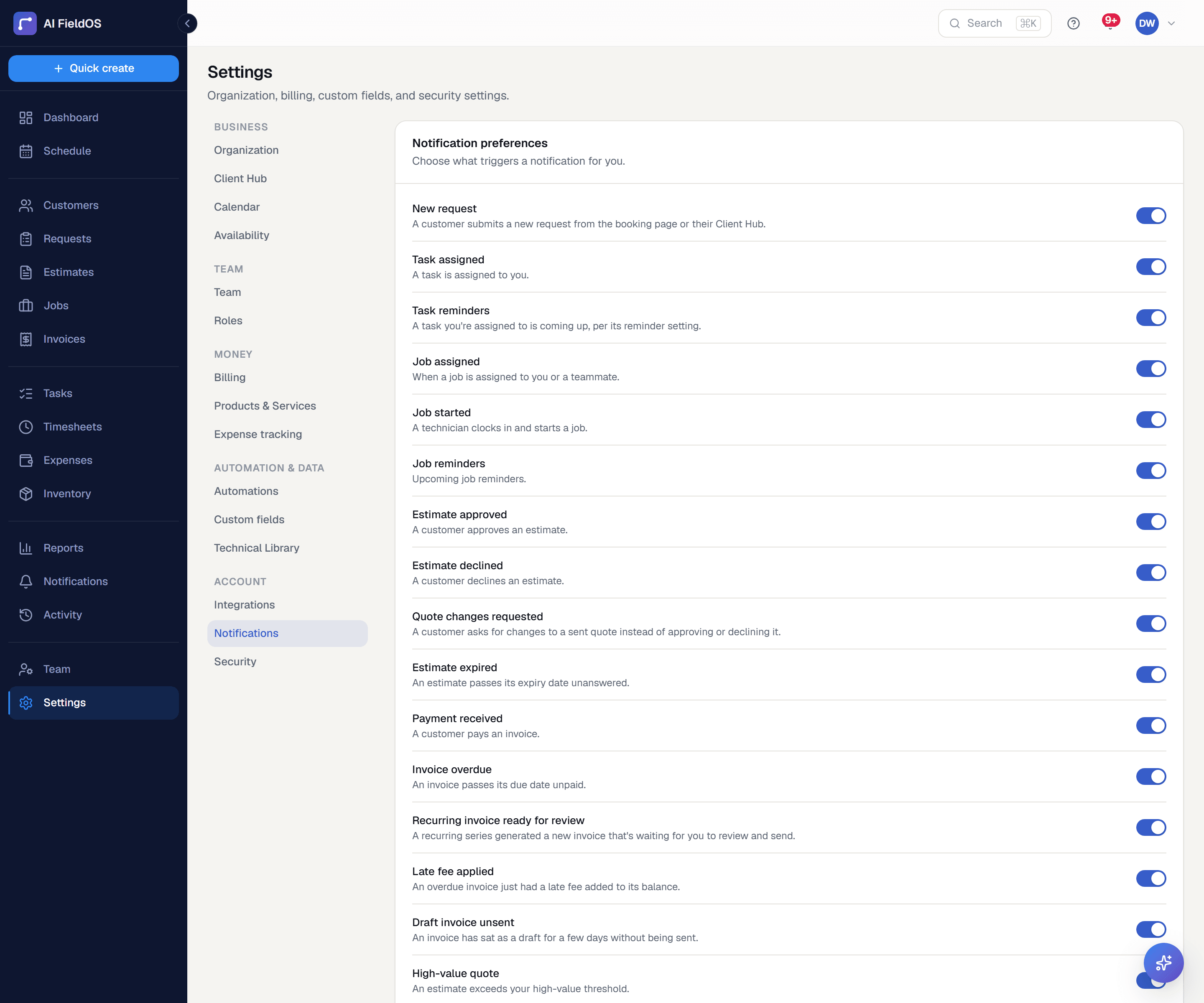 The notification preferences screen, with a per-event switch controlling which alerts also arrive by email.